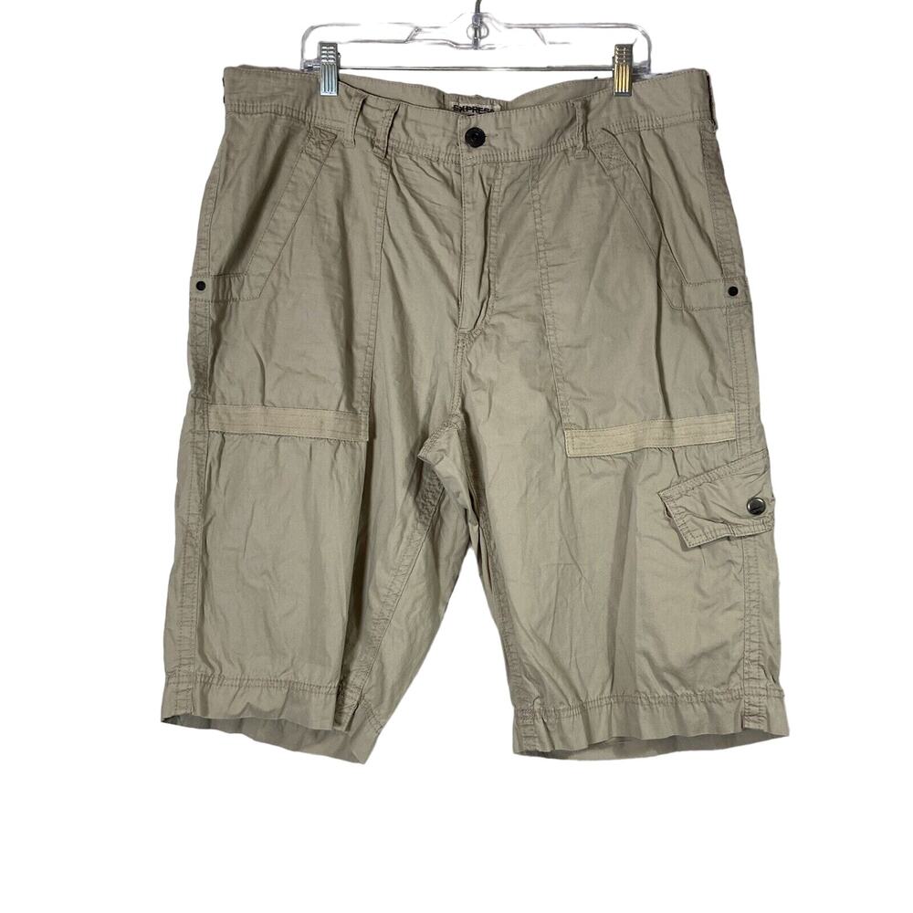 Express Men Cargo Shorts Sz 41 13" Y2K Khaki Tan Beige Pockets Bermuda Cotton